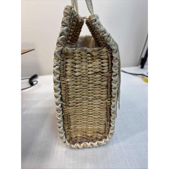 En Shalla Boho Western Coastal Wicker Kid Leather Fringe Woven Basket Tote - Picture 3 of 16